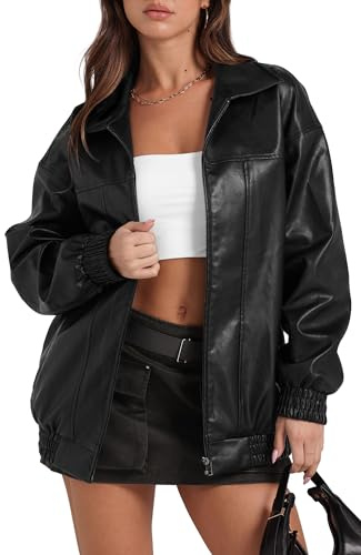 Sampeel Leather Jacket Women Faux Oversized Motorcycle Bomber Coats 2025 Fall Fashion Outfits Winter Clothes Black XS