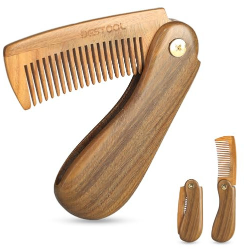 BESTOOL Foldable Green Sandalwood Comb for Men's Grooming & Combing Hair, Beards & Mustaches, Antistatic, Naturally Scented Detangling Comb