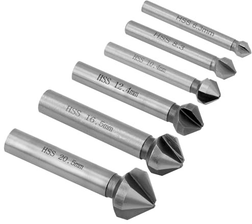 QWORK® 6Pcs Countersink 90°, 6.3-20.5 mm HSS Steel Countersink Drill Bit, Countersink Deburring Tools for Wood, Metal, Plastic