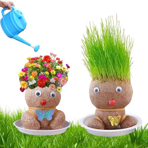 2Pcs Planta De Muñeca con Cabeza De Hierba En Crecimiento, Mini Bonsái en Macetas con Bandeja (M1)