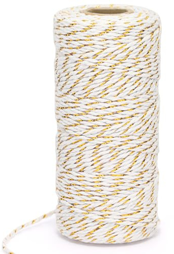 Cordoncino in cotone da 100 m, bianco con filo dorato, per confezioni regalo, matrimoni, artigianato, decorazioni per le festività