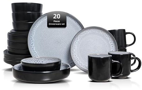HomeVSS Ensemble de vaisselle 20 pièces - Pour 4 personnes, ensemble d'assiettes et de bols à glaçure réactive Bubble Frost | Ensemble de vaisselle allant au micro-ondes et au lave-vaisselle