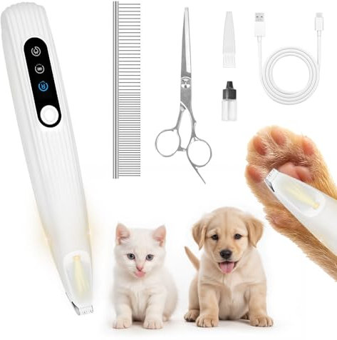 Pfotentrimmer für hunde mit LED-Licht,Leise Haustierhaarschneider für hunde und Katze mit Edelstahl-Schere und Kamm,Pfotentrimmer Hundeschermaschine für Hunde Katzen Pfoten, Augen, Ohren, Gesicht