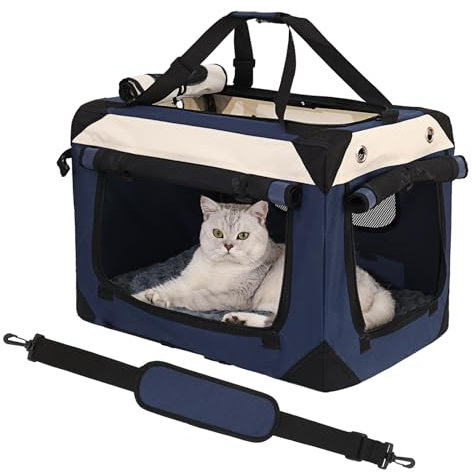 KVIDA Großes Katzenbett und Transportbox, gemütliches Katzenhaus mit weichen Seiten und wasserdichtem Plüschbett, für 2 Katzen, Kätzchen oder kleine Hunde bis 25 kg, ideal für zu Hause, auf Reisen