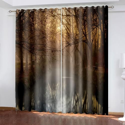 ANAZOZ Cortina Habitación con Ojales,2 x 234W x 244H CM,Cortinas Opaca Decorativa 2 Piezas Árboles Psicodélico y Lago Cortina Marrón Gris Dormitorio