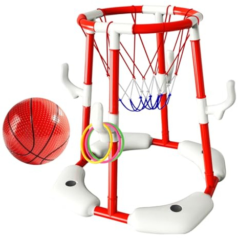 Aro de Baloncesto de la Piscina, aro de Baloncesto Flotante 2 en 1 ＆ Juguetes de Techo de Anillo, Juegos de flotación con 1 Bolas y 12 Anillos para niños para Adultos, Rojo.