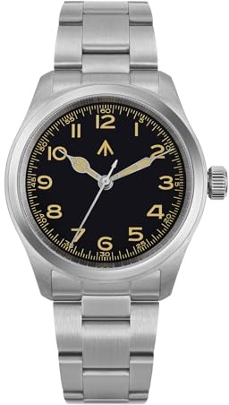 Tactical Frog Militado ML08 VH31 Montre de Champ Japonaise 38 mm pour Homme, Montre Militaire en Cristal Saphir, étanche 10 ATM, Montre analogique pour Homme et Femme, Cadran Noir - Aiguille Jaune