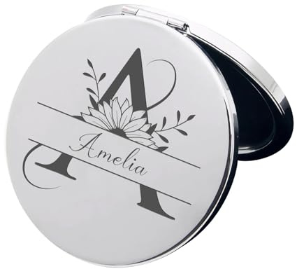 YUYUGO Personnalisé Miroir de Maquillage, Petit Double Face Miroir Portable, Personnalisé Miroirs avec Fleur/Nom d'anniversaire, pour Femmes, Anniversaire, Saint-Valentin, Mariage