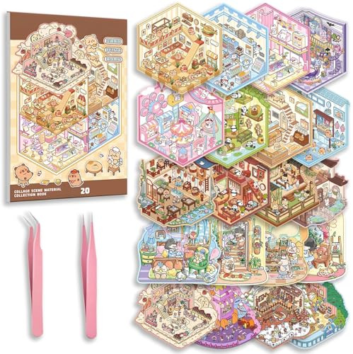 20 Hojas Pegatinas 3D Escenas en Miniatura, Libro de Pegatinas Casa DIY para Adultos, Pegatinas de Escenas Cafetería Biblioteca Castillo Parque, Kit de Sticker Therapy Antiestrés con 2 Pinzas