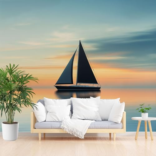 Gaqinhh Coucher de Soleil Océan Papier Peint Panoramique, Voilier Réflexion Papier Peint Intissé, Mer Bateau Paysage Tapisserie Murale Cuisine Salle de Bain, Décoration Murale Chambre, 150 x 105 cm
