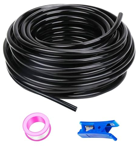 HUAZIZ 50 m Schwarz PU Pneumatikschlauch, Pneumatic Polyurethane Schlauch, Flexibel Druckluftschlauch, Außen 8 mm x Innen 5 mm + 1 Stück Blau Schlauchcutter +1Stück Rosa Teflonband