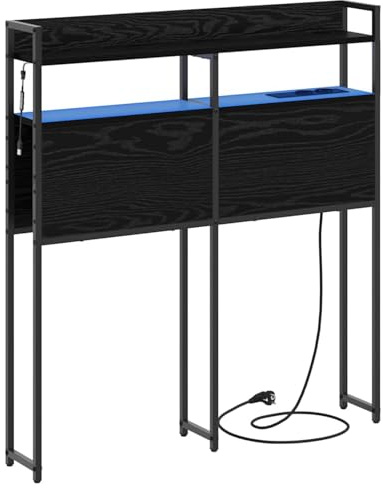 Svart ek-sänggavel med LED-lampor och USB-portar – konstruerat trä, förvaring