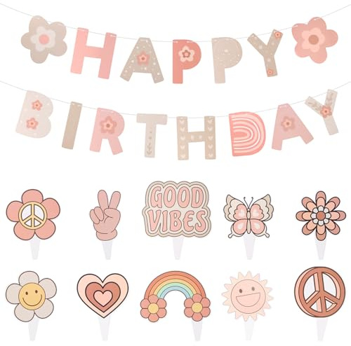 Wisebom Wimpelkette mit Gänseblümchen-Motiv, wiederverwendbar, Happy Birthday, bunte Party-Dekorationen mit Gänseblümchen-Sticks, für Boho-Feier, Männer und Frauen
