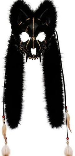 MIMIKRY Wolfsschädel Voodoo Maske Schwarz/Gold mit Kunstfell und Federn Tribal Wolfmaske Schamane Wolf Kostümzubehör Halloween