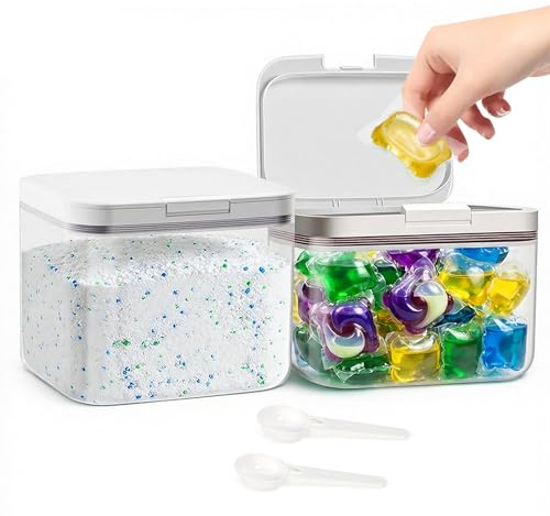 LORESJOY 2 Stück Wäsche Pods Behälter Mit Löffeln Für Haushalt Bad Waschmittel Aufbewahrung Druckknopfverschluss, Vielseitige Aufbewahrungsbox & Organizer Für Badezimmer Zubehör, 2L