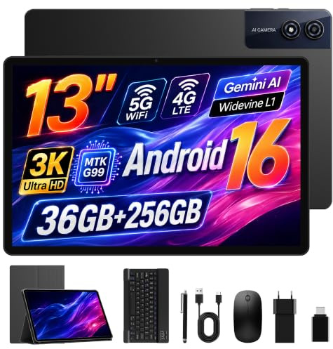 Tablet 13 Pollici Android 16, Display 3K 2944×1840, 4G LTE Dual SIM+5G WiFi, 36GB RAM 256GB ROM/1TB TF, Helio G99 Octa-Core, Widevine L1/Gemini AI/11580mAh/GPS/13MP, Tablet con Tastiera/Mouse/Custodia
