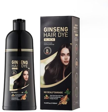 Ginseng hårfärgningsschampo 450 ml, naturligt hårfärgningsmedel med ginsengextrakt, milt för hårbotten, färgintensiv och närande, lätt att använda (svart)