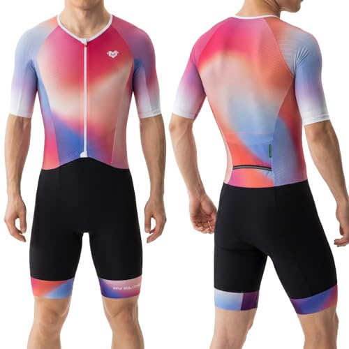 MY KILOMETRE Tuta da Triathlon Uomo a Maniche Corte Trisuit Asciugatura Rapida e Traspirante con Tasca Posteriore e Chiusura Anteriore per Gare e Allenamento