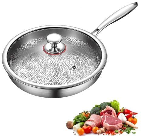 Generico Padella in Titanio Puro con Coperchio, Padella Titanio Martellato Antiaderente, Pentole Outdoor Puro Induzione, Riscaldamento Uniforme Adatta a Tutti i Piani Cottura (Con Coperchio,30cm)