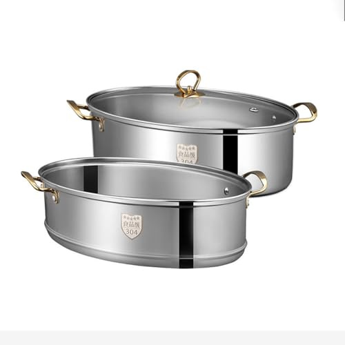 Set For Cottura A Vapore In Acciaio Inossidabile, Pentole Ellittiche Multiuso For Pesce Con Griglia, Padella In Ceramica, Clip Antiscottatura, Coperchio In Vetro Ventilato(Double Layer)