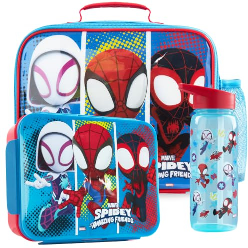Get Trend Spidey y Sus Amigos Bolsa Termica Infantil Set, 3 Piezas, Lunch Bag Aislante 5 L, Botella Agua 640 ml y Bento Box 2 L con Compartimentos, Sin BPA para Escuela y Picnic (Multi Spidey)