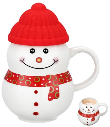 Lurrose Taza de Café Navideña de Cerámica 350ml con Adorno Muñeco de Nieve y Sombrero Rojo, Taza Temática para Bebidas Calientes y Decoración Navideña