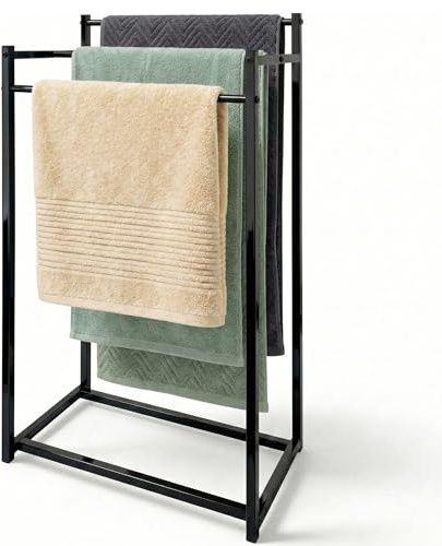 AJIEQAQ Freestanding Towel Rail Black - 3 Tier Towel Stand for Bathroom,