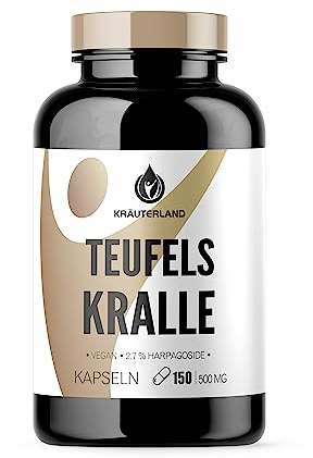 Kräuterland Teufelskralle Kapseln 150 Stück Teufelskrallenwurzel-Extrakt | Hochwertig & hochdosiert mit 2,7% Harpagoside, pflanzlich/vegane Kapselhülle, für älteren & sportlich aktiven Menschen