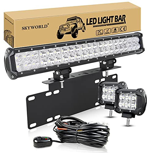 SKYWORLD 20 Zoll 126W Combo LED-Lichtleiste mit Kennzeichenhalterung, 2 x 18 W 4 Zoll Spot LED-Pods Arbeitsleuchte mit Kabelbaum-Kit DC 12 V 24 V 6000 K Offroad-Fahrzeuge 4 x 4 ATV UTV