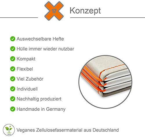 A6, revolutionäres, nachhaltiges X17-Konzept für Notizbuch Personal Organizer und Terminplaner/Hülle für 3 Hefte! Vegan, Deutsches Zellulose-Material, grau-orange, Made in Germany