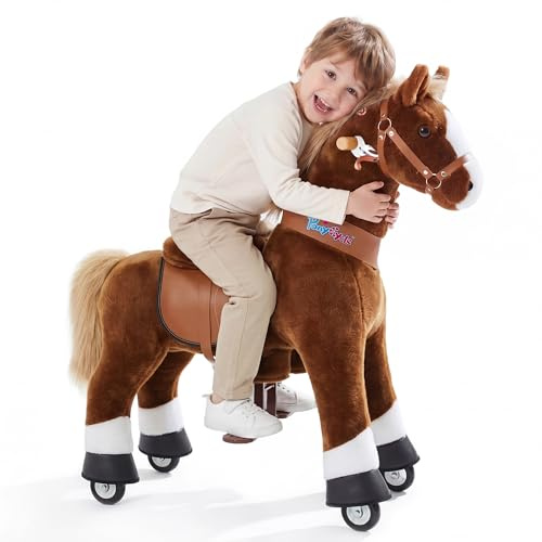 PonyCycle® Schaukelpferd mit Rollen | für Kinder 4–7 Jahre, 89cm | Schokoladenbraunes Reitpferd mit Handbremse & Klang | Stehpferd, Reitpony, Kindergeburtstag | Klassisches Modell U – Ux424