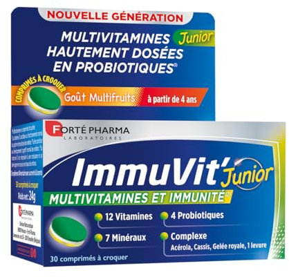 Forté Pharma - Immuvit' Junior | Comprimés à croquer - Enfants 4 ans et plus | 12 vitamines, 7 minéraux et 4 Ferments - Renforcé en Gelée Royale et Acérola | 30 comprimés à croquer - Goût Multifruits