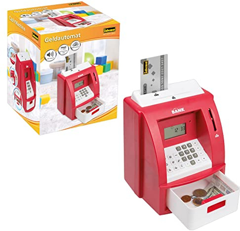 Idena 50061 - Digitale Spardose, Geld-Automat mit Sound in Rot, PIN geschützte Kredit-Karte, Münzzähler und vielen Funktionen, ca. 21,8 x 16 x 14,5 cm