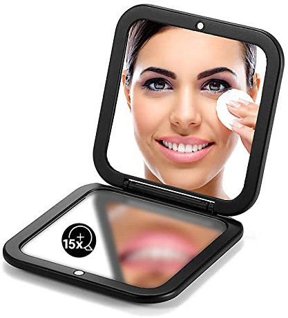 OMIRO Compact Mirror, 1X/15X Magnifying Travel Mirror, Pocket Mirror for Handbag-Foldable, Lightweight, Square, 8.9 cm (Black)