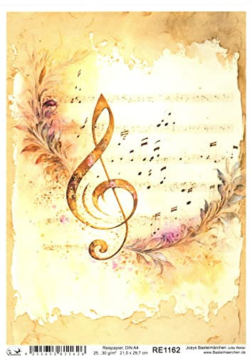 Josys Bastelmärchen Reispapier A4 Strohseide Decoupage Motiv Musik Notenblatt goldfarben RE1162