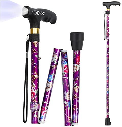 JUNRA Gehstock für Damen mit LED-Licht, faltbarer Gehstock für Männer und Senioren, leichter zusammenklappbarer Aluminiumstock, 5-stufig höhenverstellbarer Gehstock für Damen (lila Blumen)
