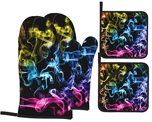 Colorful Smoke Printed Oven Mitts and Pot Holders 4-Piece Set Heat-Resistant Washable Oven Mitts Kitchen Cooking Gloves