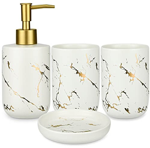 JTOOYS Bathroom Accessories Set, 4 Pcs Ceramic Bath Accessory Set Luxury Marble 2Pcs Toothbrush Holder/Tumbler + Liquid Soap or Lotion Dispenser Dish (White), White - 4pcs (JTOO-3309)