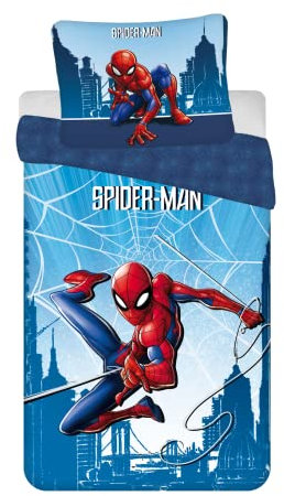 Jerry Fabrics Children's Bed Linen Set, Reversible Bed Linen, Spider-Man City Spider Webs, Blue, Duvet Cover 140 x 200 cm, Pillowcase 70 x 90 cm, 100% Cotton