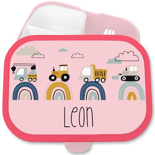 Kinder Campus für Mepal - Baustelle mit Name personalisiert Brotdose Bagger I Traktor I LKW I Kipper I Planierraupe I Kran - 750 ml - Rosa - schulkinder geschenke jungs lunchbox kindergarten