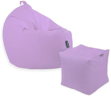 Premium 2-in-1 Sitzsack mit Füllung | für Kinder & Erwachsene | Outdoor & Indoor | Sitzkissen | Bodenkissen | Wasser- & schmutzabweisend + Sitzpouf 35x35x35cm (Puderflieder, 145 CM + Sitzspouf)
