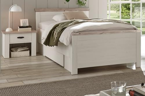 Furn.Design Bett 100 x 200 cm in weiß Pinie und Oslo Pinie Einzelbett mit Bettschubkasten Schlafzimmerbett im Landhaus-Stil Rovola (Bett 100cm + Schubkasten)