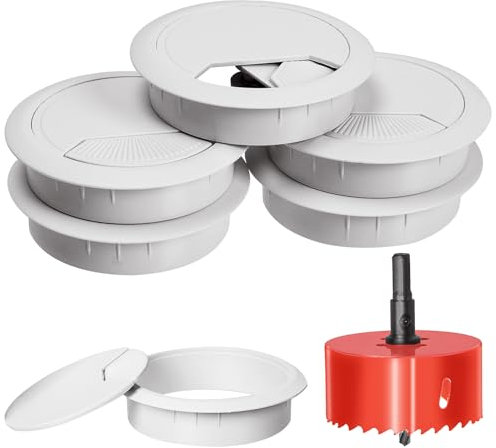 Swpeet 6 passacavi bianchi da scrivania con sega a tazza, organizer per cavi ordinati, copertura per cavi da scrivania, 1 pezzo da 60 mm, sega a tazza con albero per scrivania da ufficio