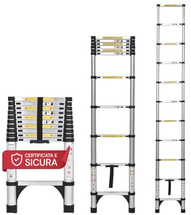 Avilia Scala Telescopica Estensibile in Alluminio 10 Gradini - Estensibile fino a 3,20m, Leggera e Certificata, Sicura per Uso Domestico e Professionale, Capacità 150kg, Antiscivolo