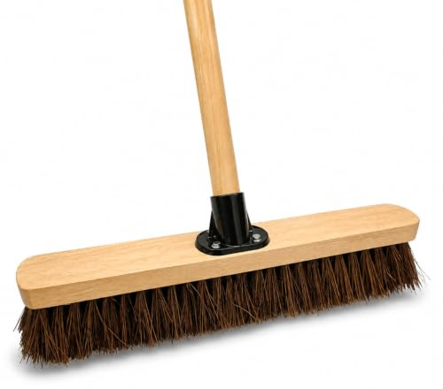 18” Outdoor Garden Broom with Wooden Handle Natural Stiff Bassine Hard Bristle with Durable Support Bracket Yard Brush Heavy Duty Broom Outdoor Cleaning Sweeping (PACK OF 1)