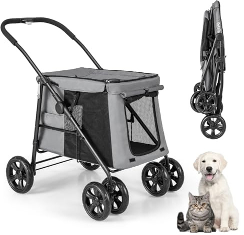 GYMAX Hundewagen, Haustierwagen klappbar, Hundebuggy bis 40 kg belatbar mit Seitentaschen, Hundetrolley mit Netzfenster, Universalrädern & Handgriff, für Hunde & Katzen(Grau)