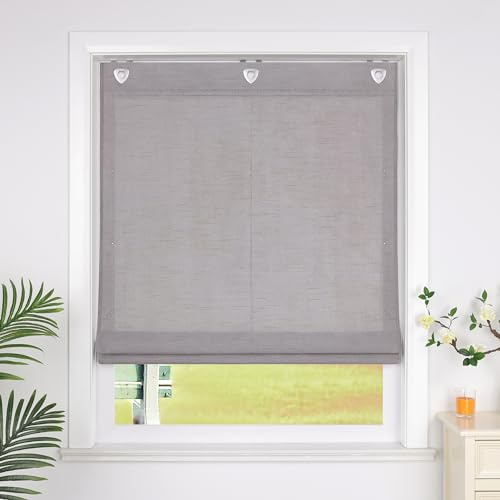 SCHOAL Raffrollo mit Ösen Einfarbige Vorhänge Wohnzimmer Gardine Blickdicht Raffgardine Fenster Rollo 1 Stück BxH 80x140cm Grau