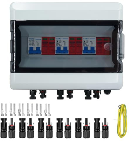 GTYORUS Boîte Photovoltaïque,DC überspannungsschutz PV Solar Trennschalter mit Solarstecker 3 String 500V Photovoltaik DC Leitungsschutzschalter Blitzschutz Erdung für PV Anlage(3 in 3 Out,25A)