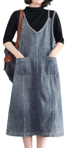 ebossy Women's Sleeveless V Neck Denim Overall Jumper Dress Casual Loose Double Spaghetti Straps Midi Jean Dress (Medium, Blue)