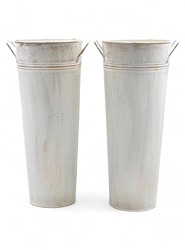 Hosley Set of 2 White Metal French Bucket with Handles & PVC Liner, 6 Dia x 15 H for Weddings, Parties, Country Picnics, Floral Arrangements, Tableware Storage, or Gardens - Rustic Farmhouse Décor